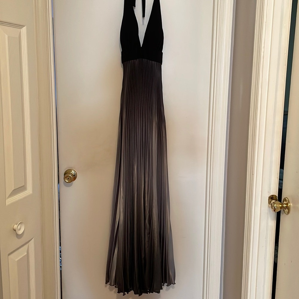 Betsy & Adam Full Length Black & Gray Pleated Gown